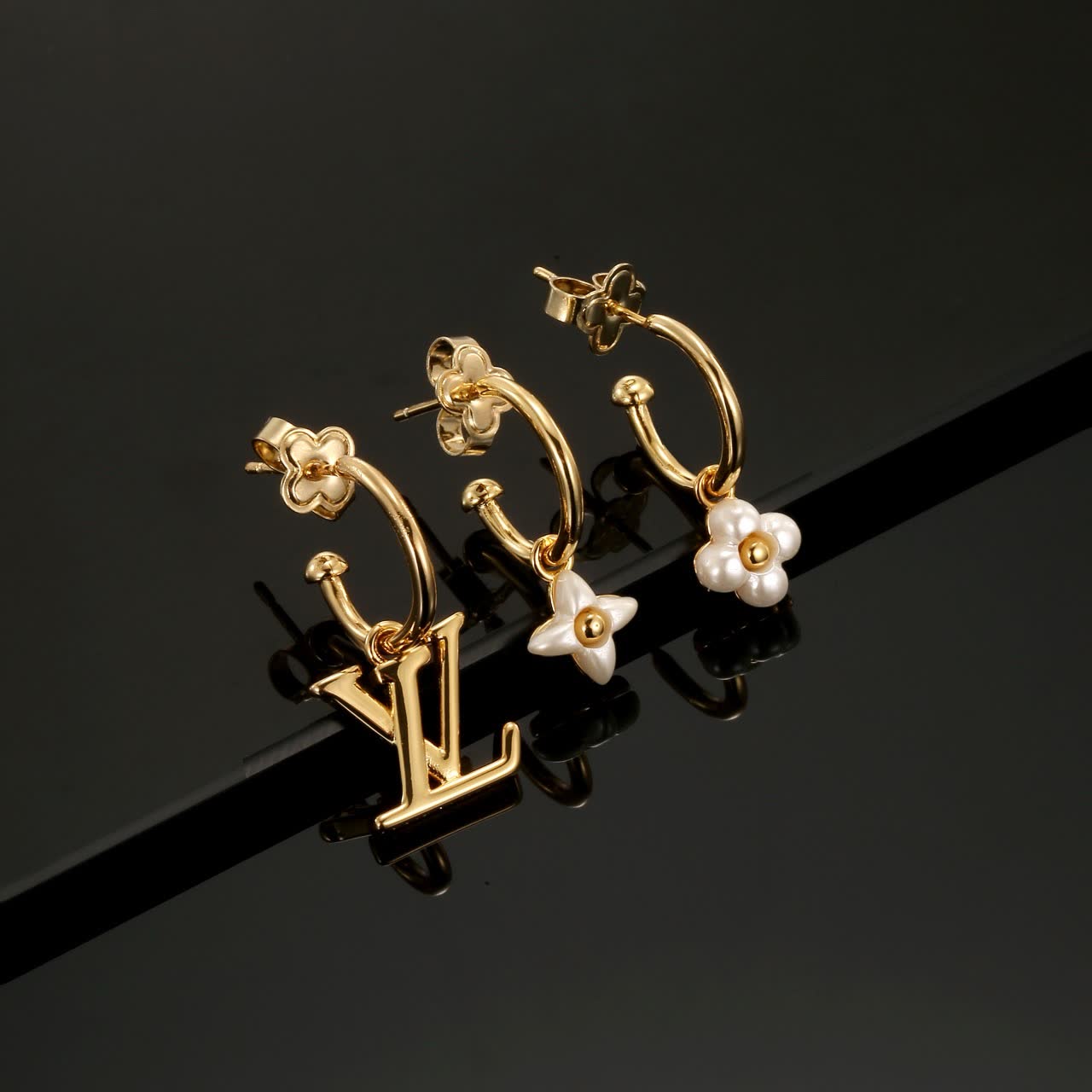 Louis Vuitton Gold Tone Logo & Pearl Flower Hoop Earrings